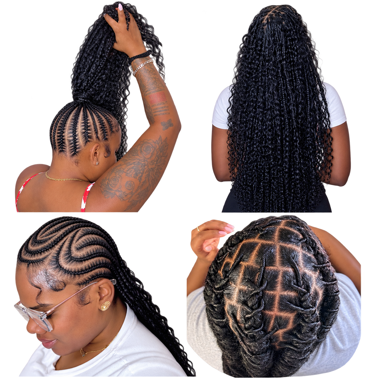 Four Boujee Styles hairstyles: braided ponytail, long braids, cornrows, and detailed scalp braiding
